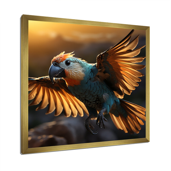 Blue Parrots Sunset Golden Flight - Parrot Wall Decor