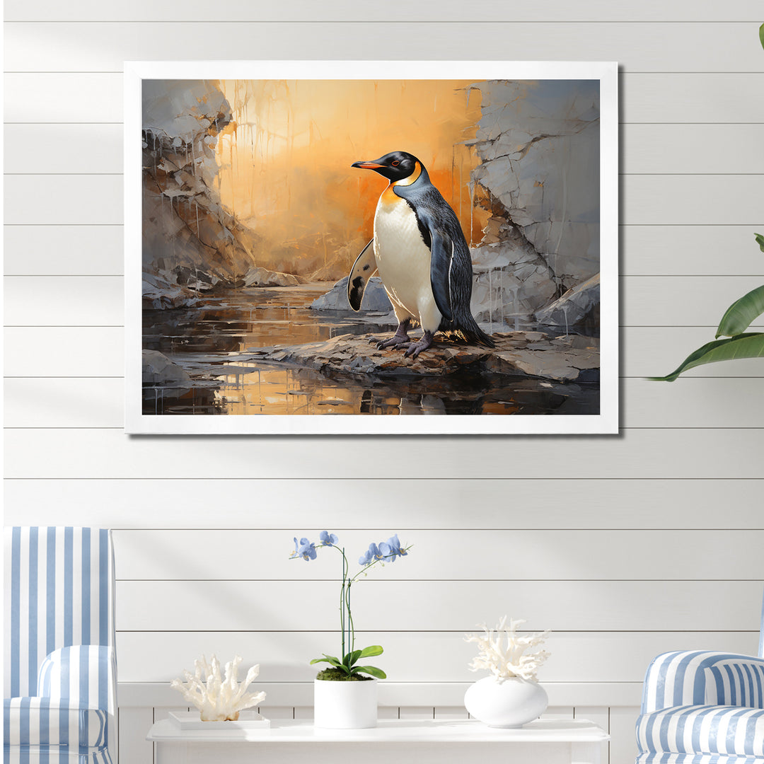 Penguin Elegance In Snow - Penguin Framed Canvas Art
