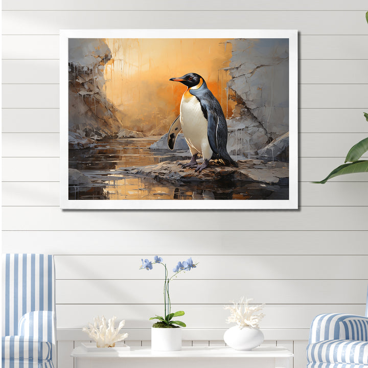 Penguin Elegance In Snow - Penguin Framed Canvas Art