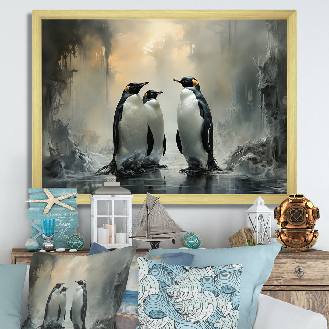 Penguin Family Elegance In Snow - Penguin Large Canvas Wall Art