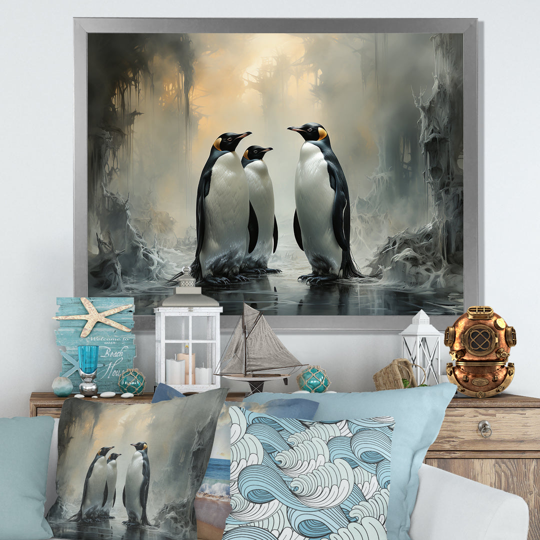 Penguin Family Elegance In Snow - Penguin Large Canvas Wall Art