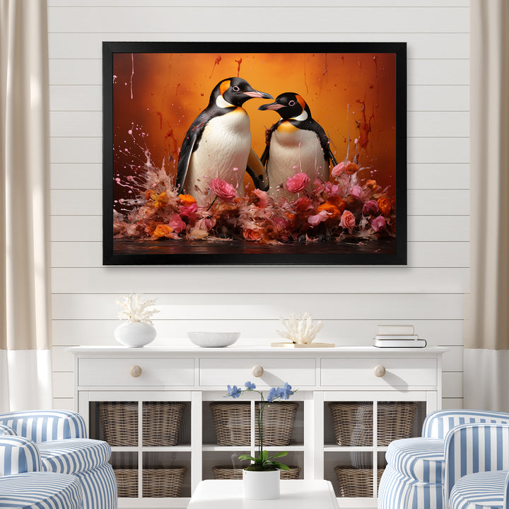 Flower Couple Penguin S World - Penguin Canvas Wall Art