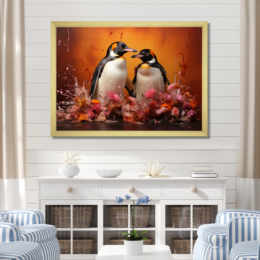 Flower Couple Penguin S World - Penguin Canvas Wall Art