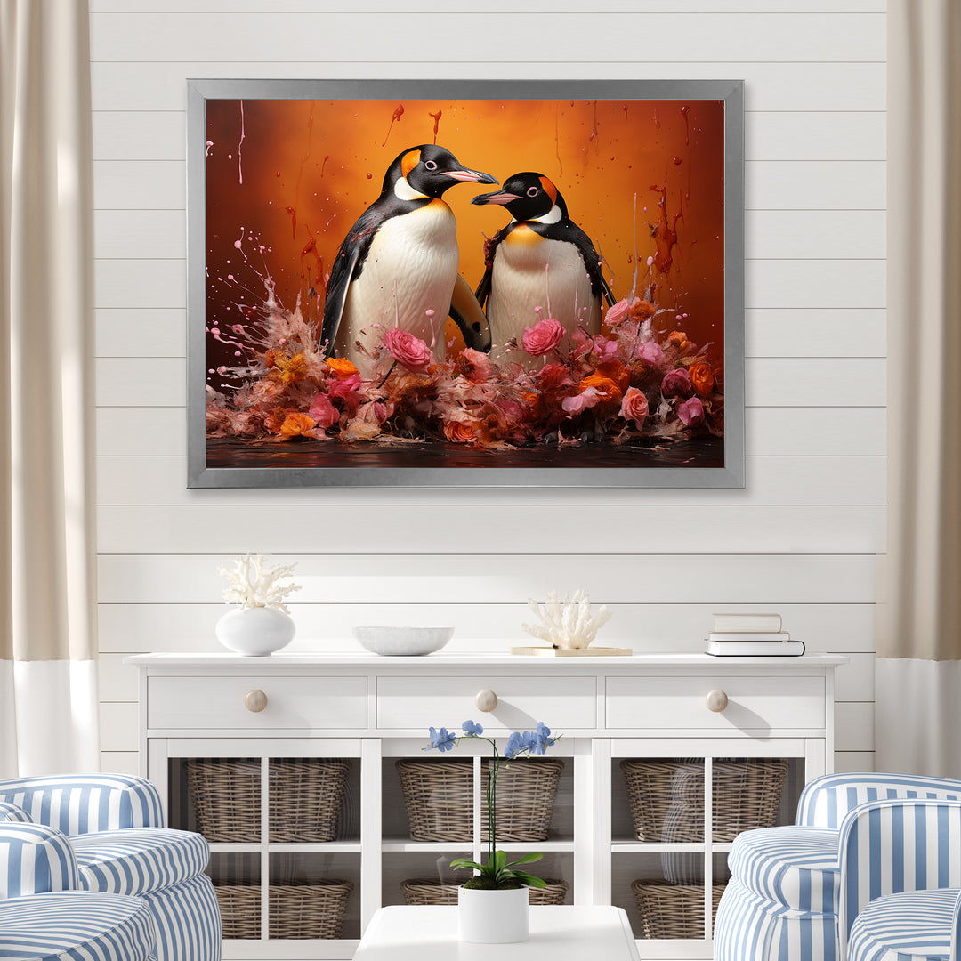 Flower Couple Penguin S World - Penguin Canvas Wall Art