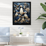 Monochrome Penguin Playfulness - Blue Penguin Wall Art