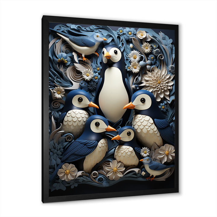 Monochrome Penguin Playfulness - Blue Penguin Wall Art