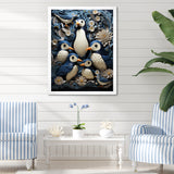 Monochrome Penguin Playfulness - Blue Penguin Wall Art