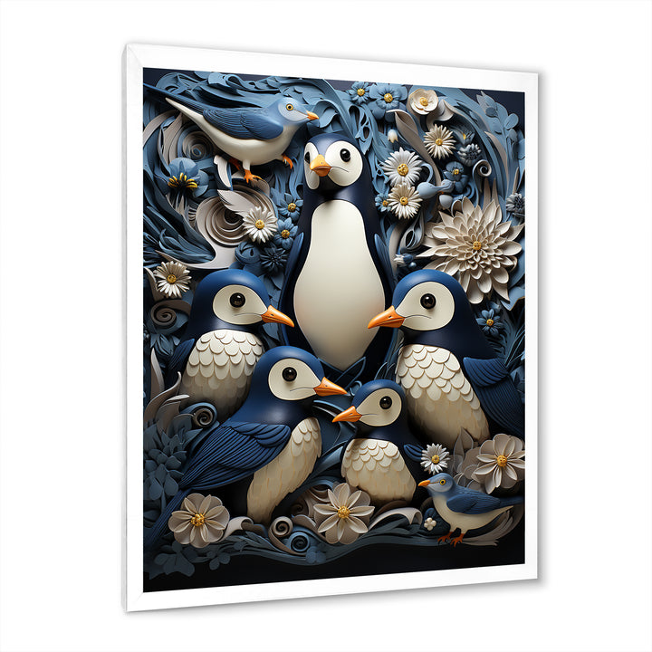 Monochrome Penguin Playfulness - Blue Penguin Wall Art