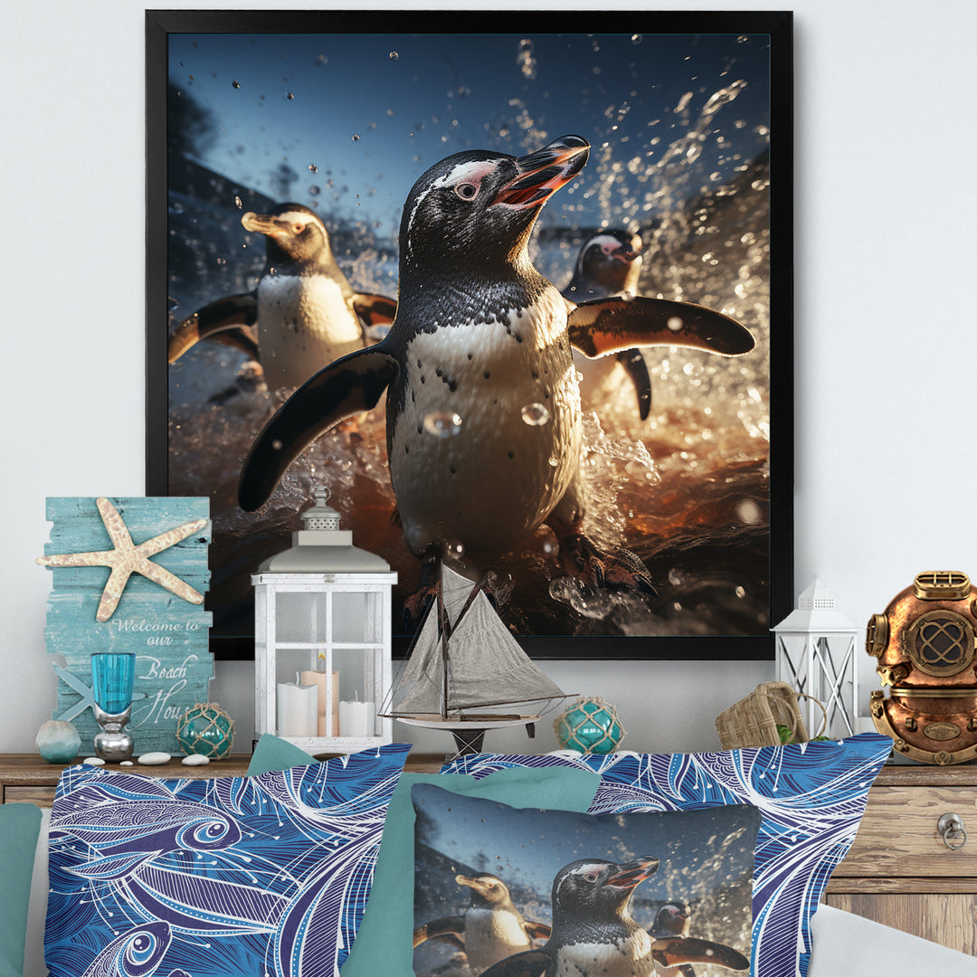 Playful Water Penguin Waltz - Penguin Bedroom Wall Art
