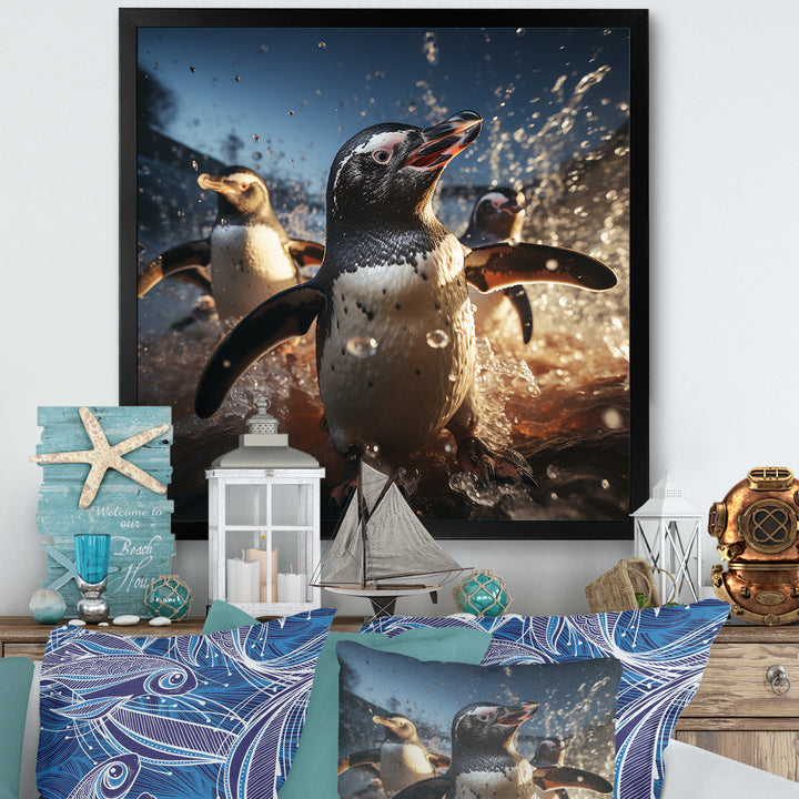 Playful Water Penguin Waltz - Penguin Bedroom Wall Art