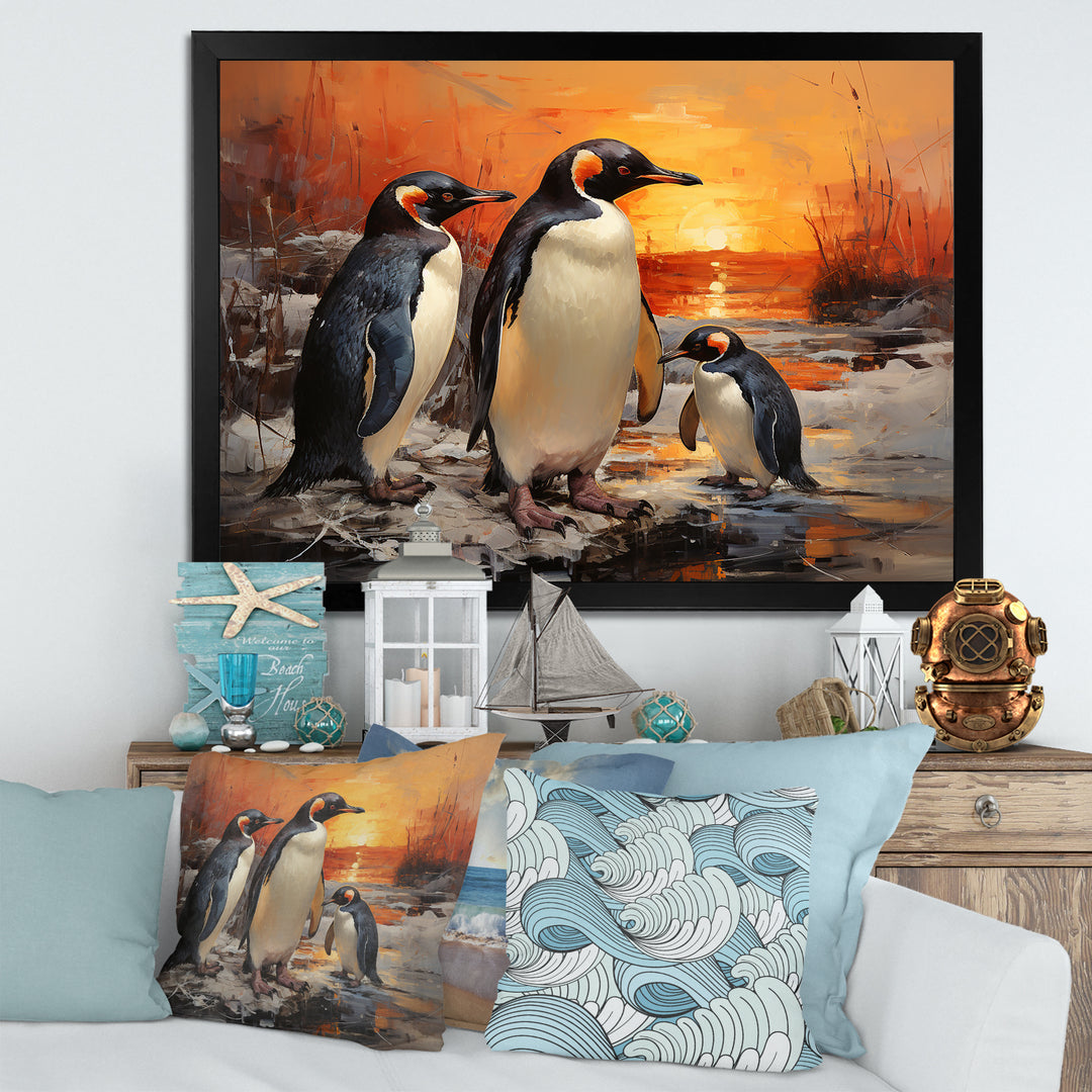 Playful Sunset Snow Wonders Penguins - Penguin Wall Art Prints