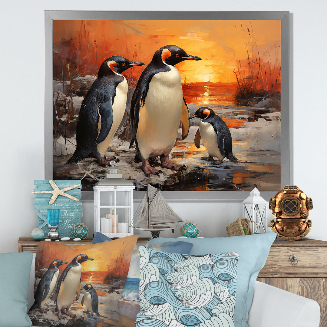 Playful Sunset Snow Wonders Penguins - Penguin Wall Art Prints