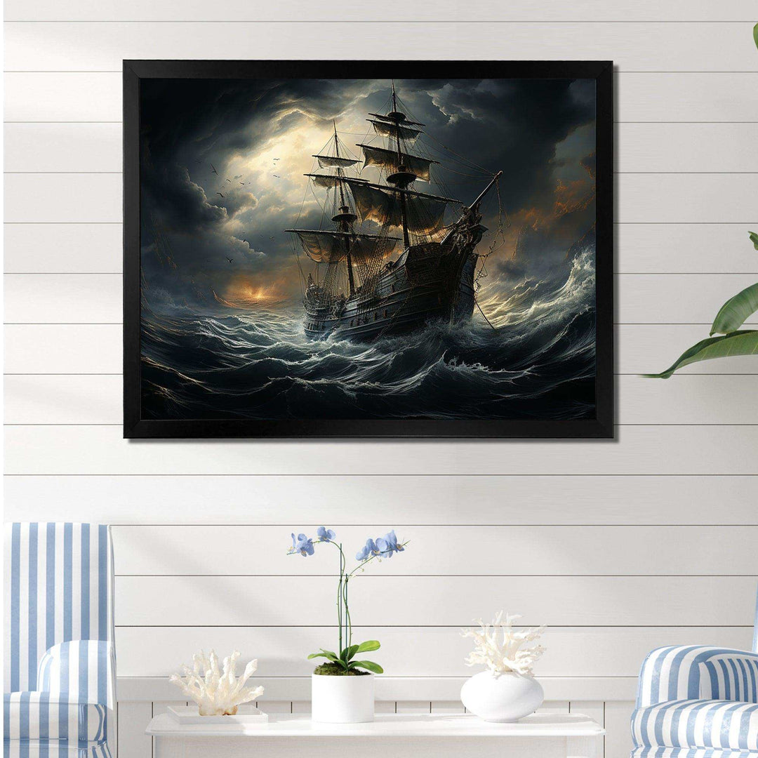 Pirate Ship At Stormy Seas - People Canvas Wall Art