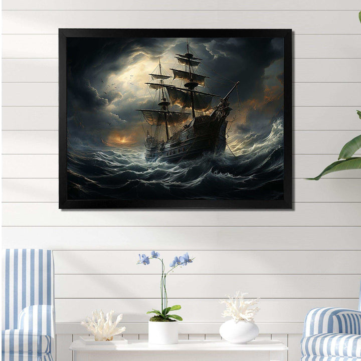 Pirate Ship At Stormy Seas - People Canvas Wall Art