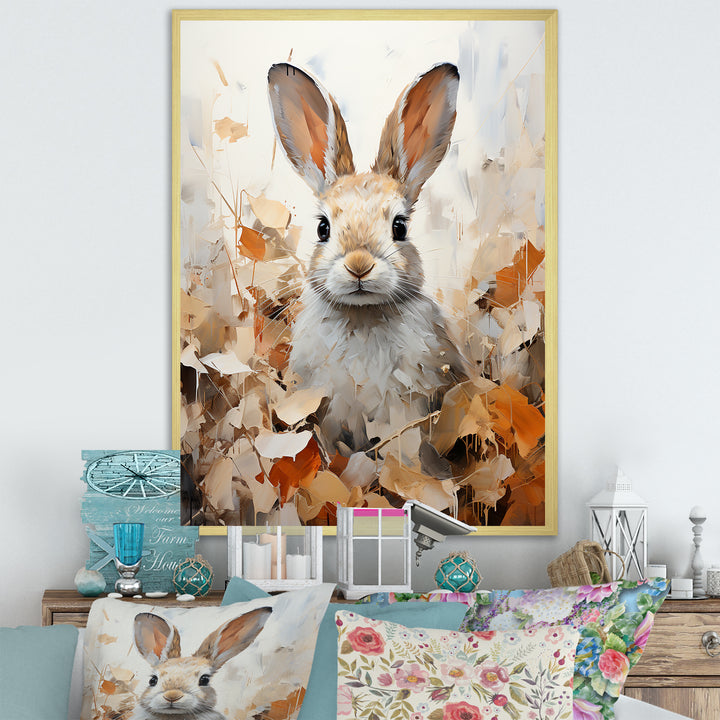 Bunny S Curious Foliage Charm - Beige Rabbit Wall Art