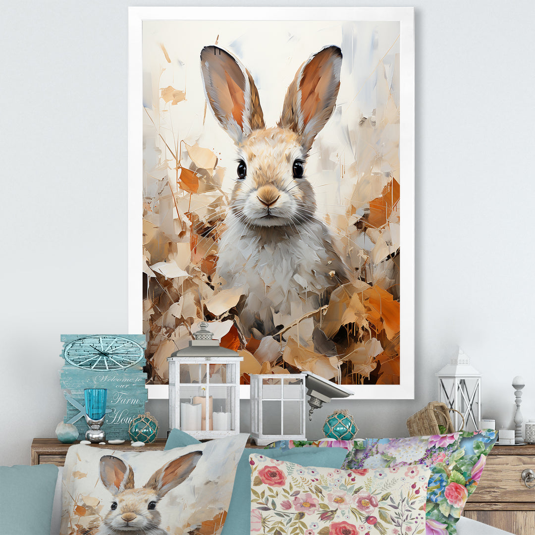 Bunny S Curious Foliage Charm - Beige Rabbit Wall Art
