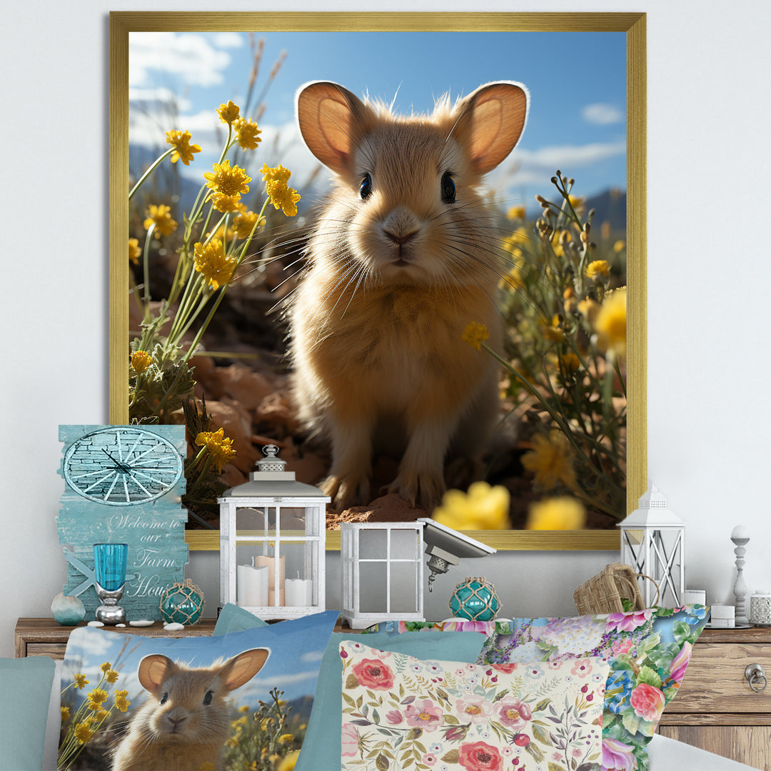 Curious Rabbit In Sunny Yellow Flower Field - Rabbit Canvas Wall Art