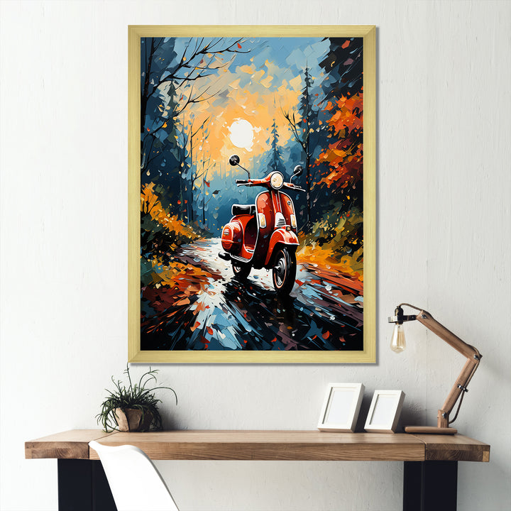 Riding Scooter In The Country Autumn - Scooter Canvas Wall Art