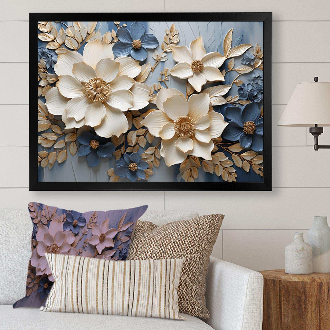 Beige And Blue Seasonal Flowers Composition - Floral Canvas Wall Art