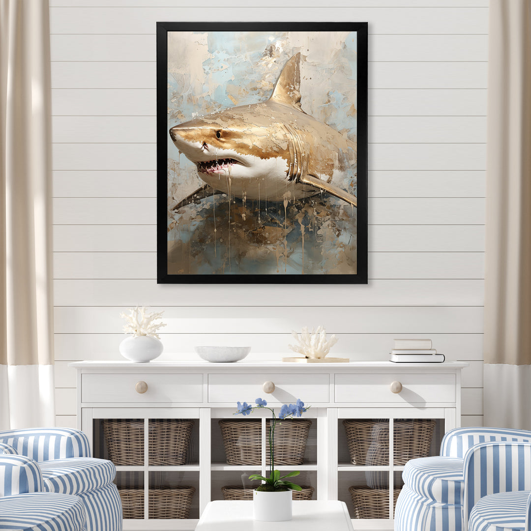 Minimalism Shark Painting In Golden Beige - Shark Canvas Wall Art