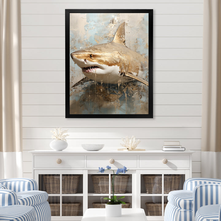 Minimalism Shark Painting In Golden Beige - Shark Canvas Wall Art