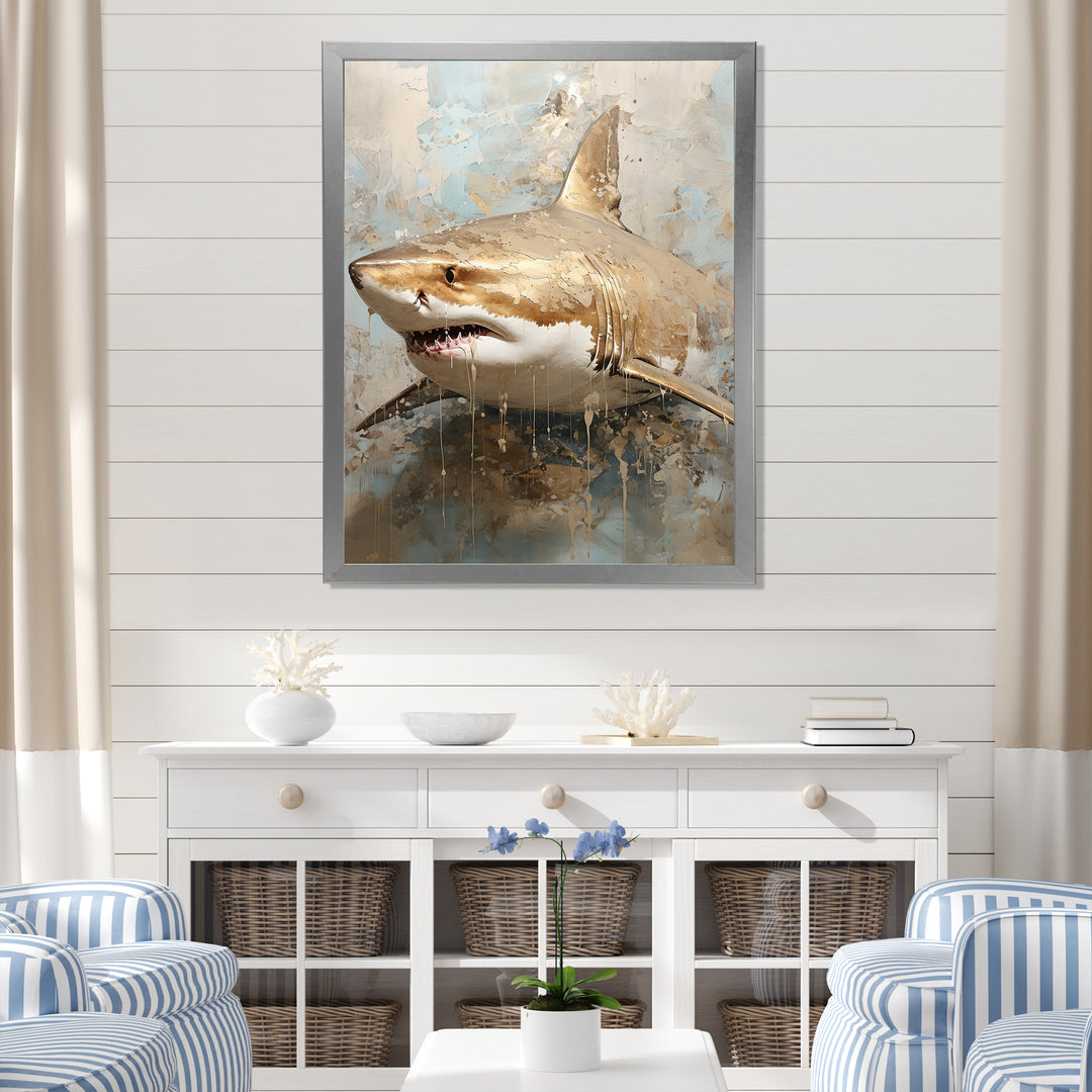 Minimalism Shark Painting In Golden Beige - Shark Canvas Wall Art