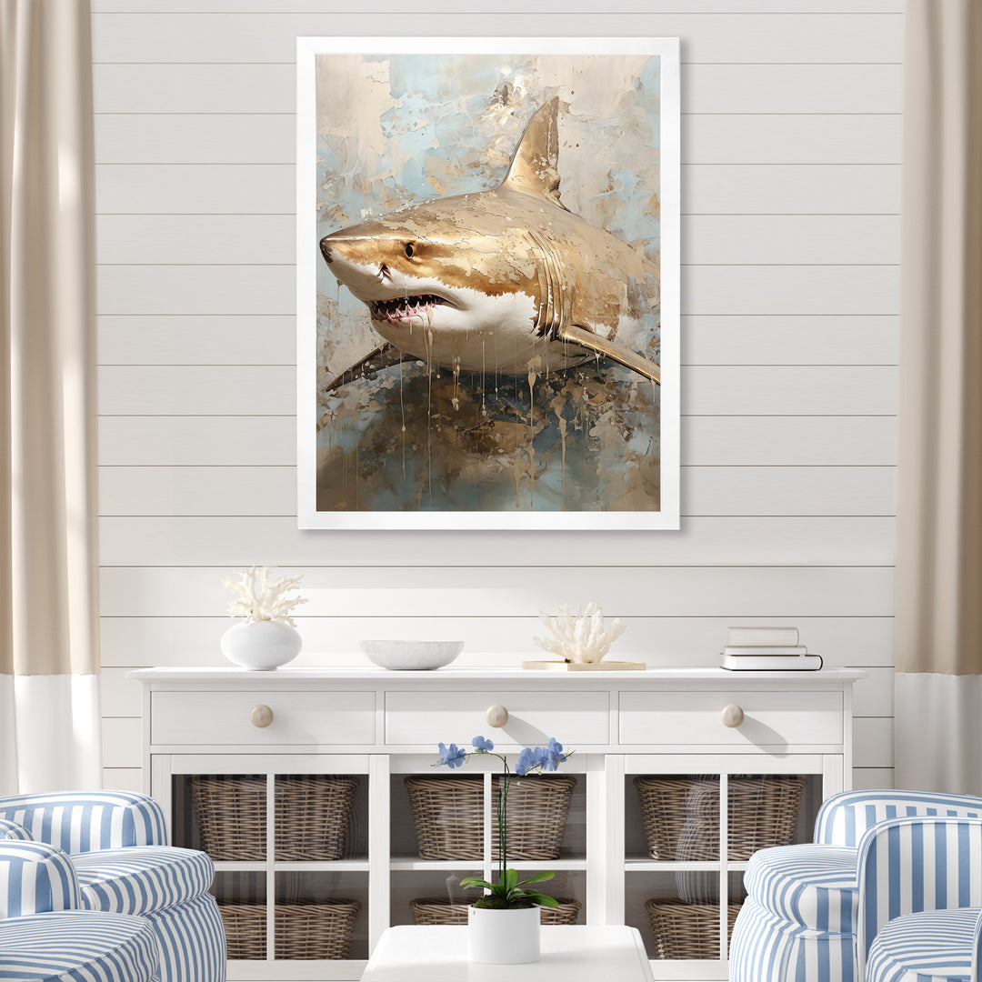 Minimalism Shark Painting In Golden Beige - Shark Canvas Wall Art
