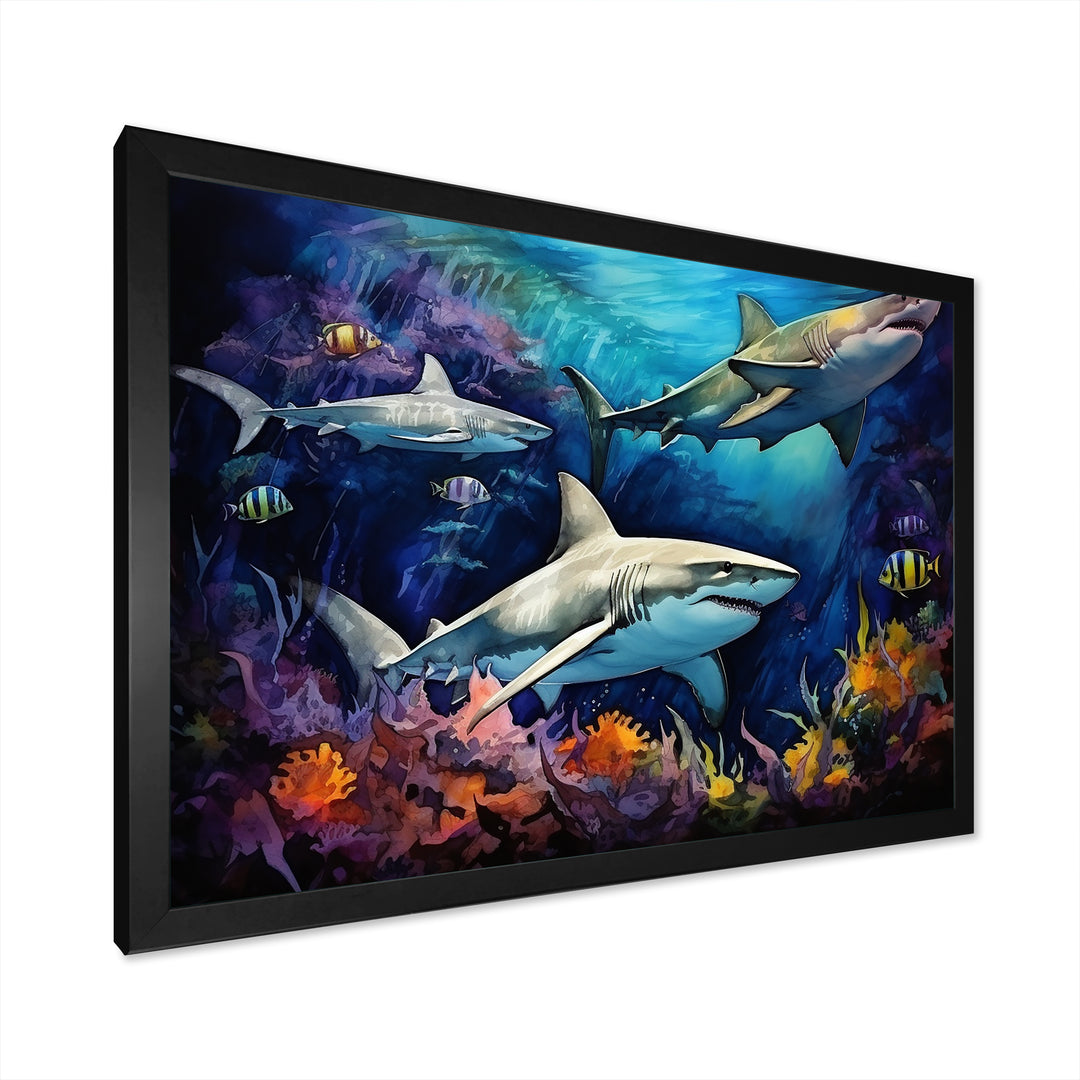 Shark Haven Under Water Painting - Shark Large Canvas Wall Art