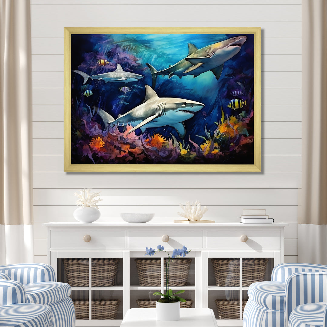 Shark Haven Under Water Painting - Shark Large Canvas Wall Art