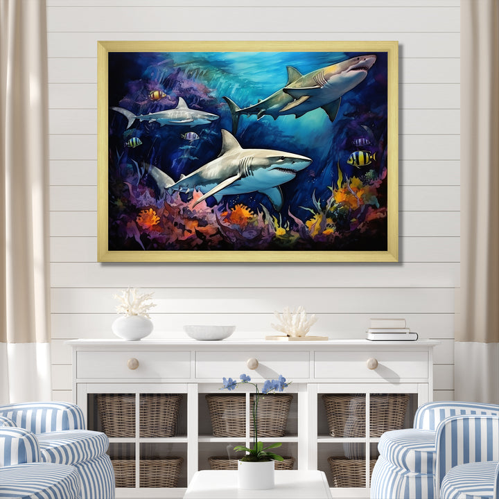 Shark Haven Under Water Painting - Shark Large Canvas Wall Art