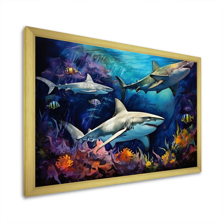 Shark Haven Under Water Painting - Shark Large Canvas Wall Art