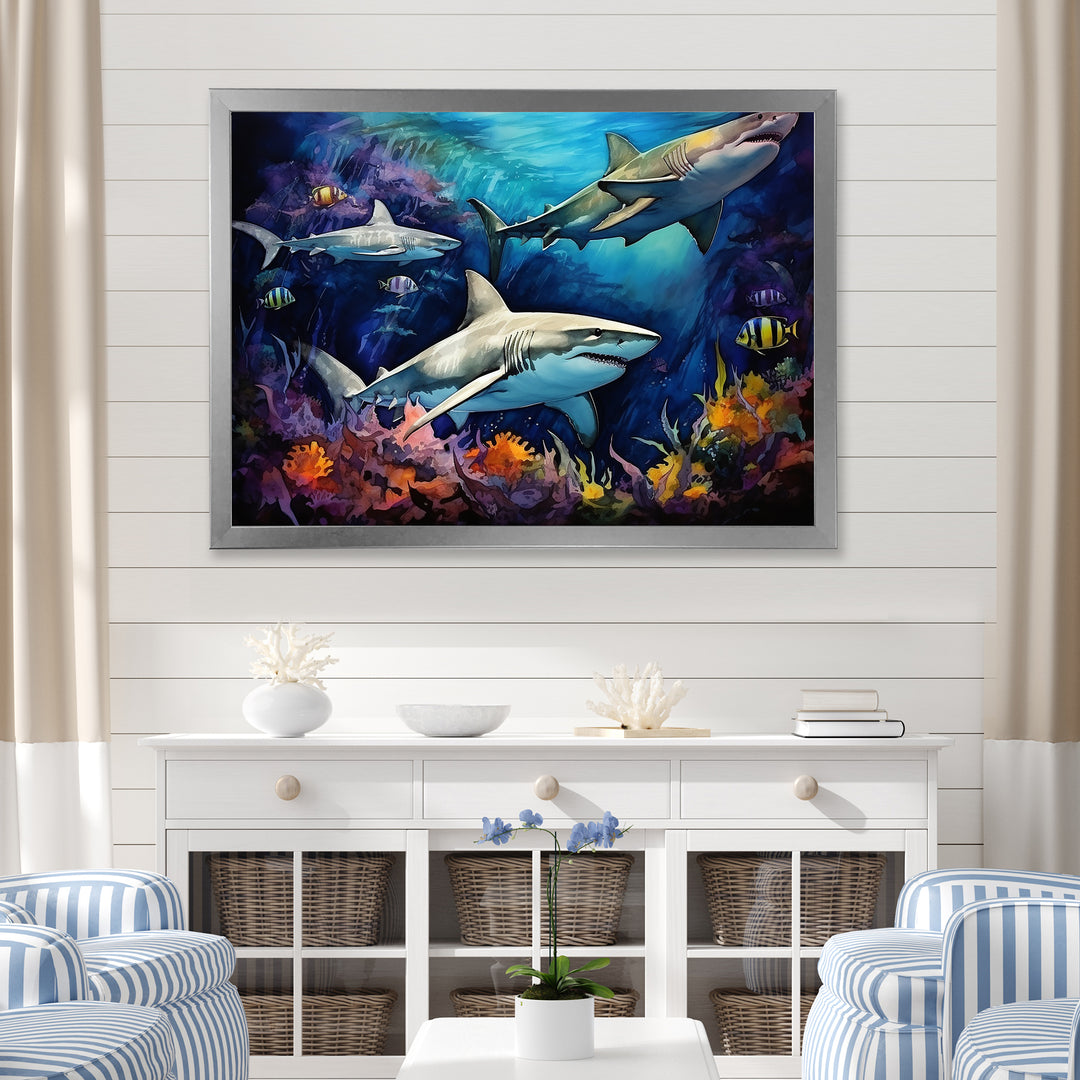 Shark Haven Under Water Painting - Shark Large Canvas Wall Art