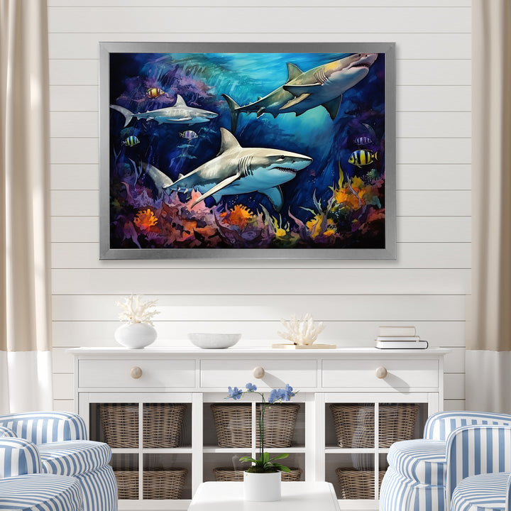 Shark Haven Under Water Painting - Shark Large Canvas Wall Art