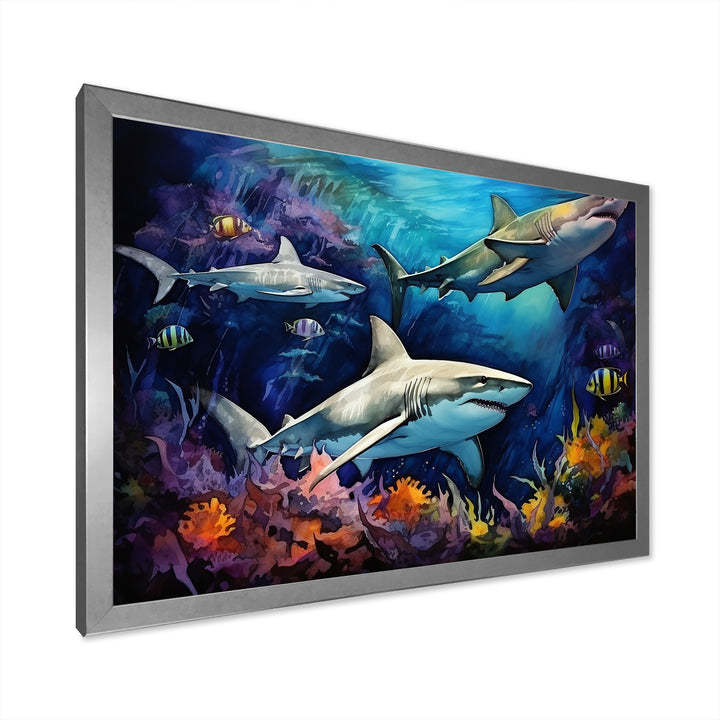 Shark Haven Under Water Painting - Shark Large Canvas Wall Art