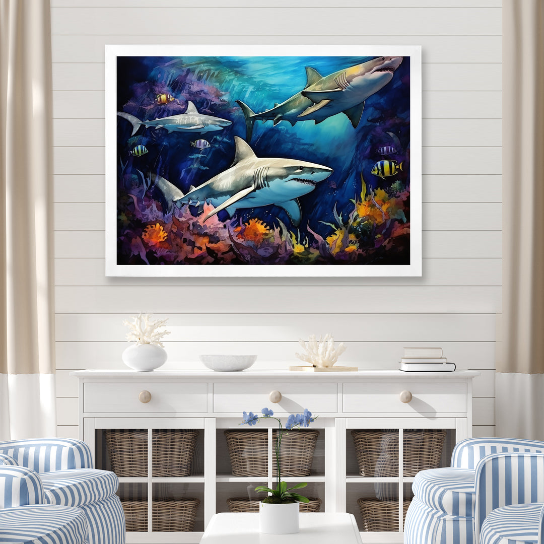 Shark Haven Under Water Painting - Shark Large Canvas Wall Art