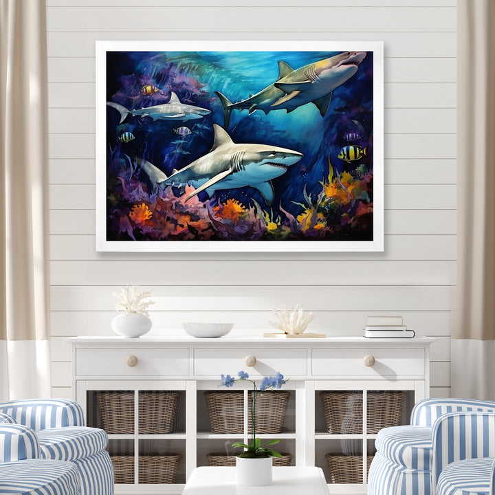 Shark Haven Under Water Painting - Shark Large Canvas Wall Art