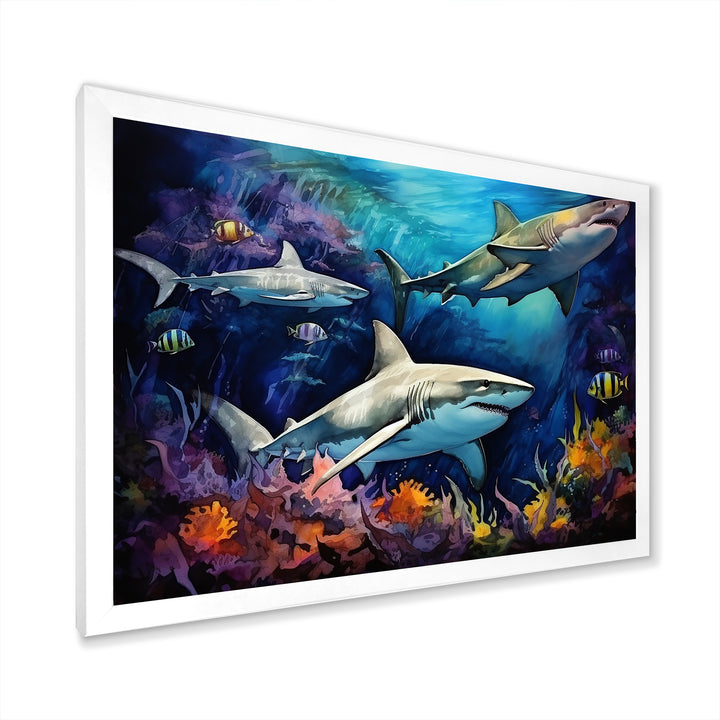 Shark Haven Under Water Painting - Shark Large Canvas Wall Art