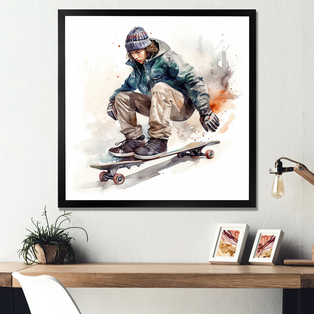 Skateboarder Charm In Winter - Skateboard Canvas Wall Art