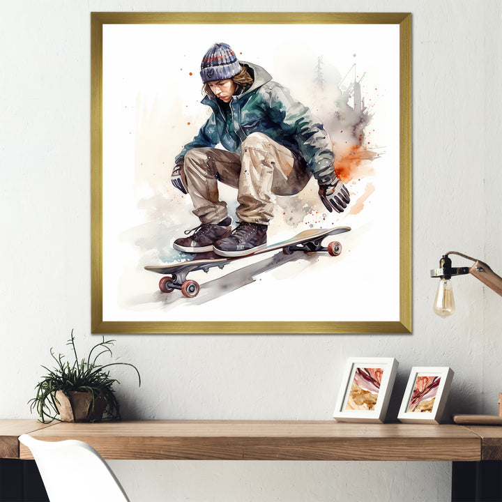 Skateboarder Charm In Winter - Skateboard Canvas Wall Art