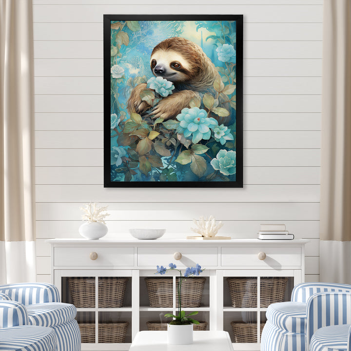 Turquoise Tranquility Flower Sloth - Sloth Canvas Wall Art