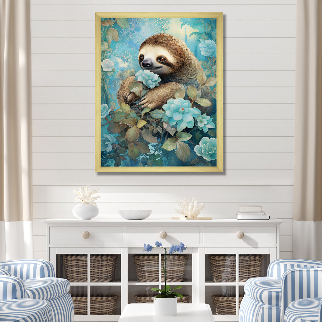 Turquoise Tranquility Flower Sloth - Sloth Canvas Wall Art