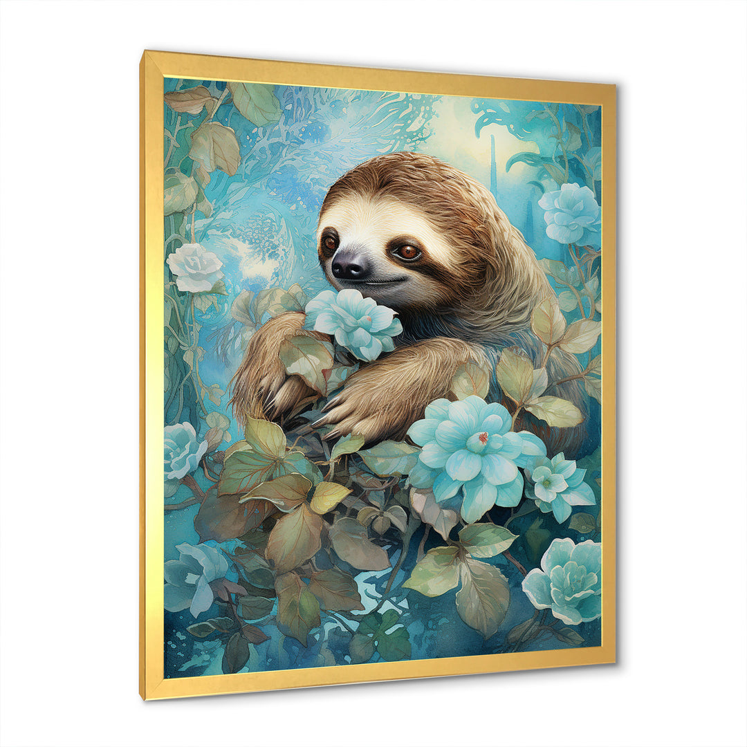 Turquoise Tranquility Flower Sloth - Sloth Canvas Wall Art