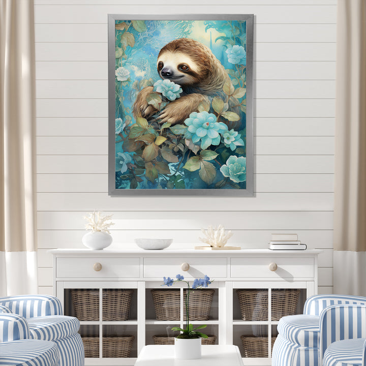 Turquoise Tranquility Flower Sloth - Sloth Canvas Wall Art