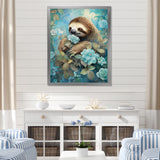 Turquoise Tranquility Flower Sloth - Sloth Canvas Wall Art