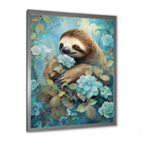Turquoise Tranquility Flower Sloth - Sloth Canvas Wall Art