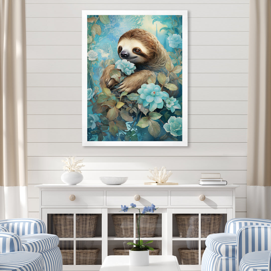 Turquoise Tranquility Flower Sloth - Sloth Canvas Wall Art