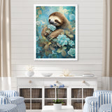 Turquoise Tranquility Flower Sloth - Sloth Canvas Wall Art