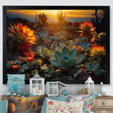 Succulent Desert Cactus Field Burning Sunset - Floral Canvas Wall Art