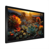 Succulent Desert Cactus Field Burning Sunset - Floral Canvas Wall Art