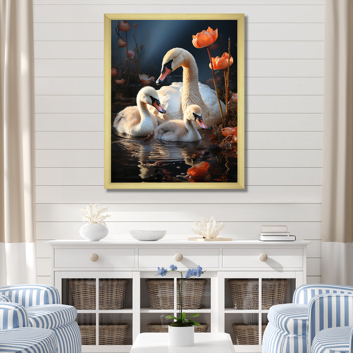 Peaceful Swans Family - Swans Large Canvas Wall Art